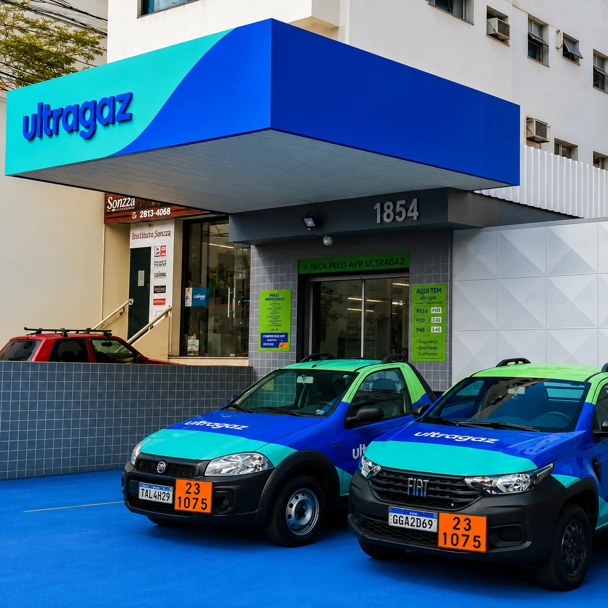 Fachada e viaturas de entrega da Ultragaz Pompéia, revenda autorizada Ultragaz